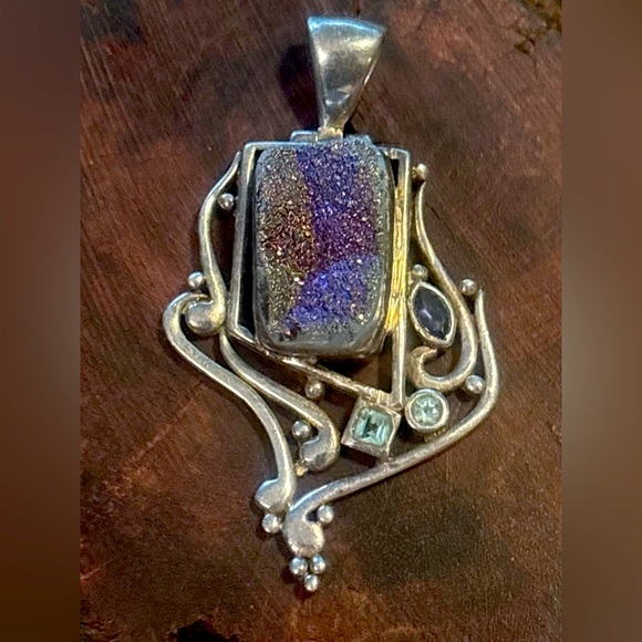 Jewelry - VINTAGE Sterling Silver 925 Iridescent Druzy Blue Topaz Faux Amethyst Pendant